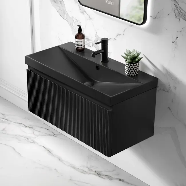 Malta Fluted Matt Black Wall Hung Drawer Vanity with Matt Black Basin 800mm