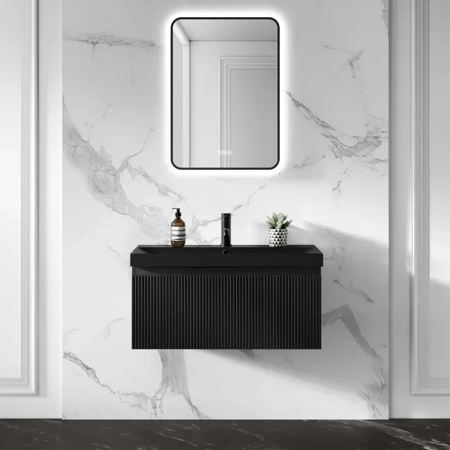 Malta Fluted Matt Black Wall Hung Drawer Vanity with Matt Black Basin 800mm