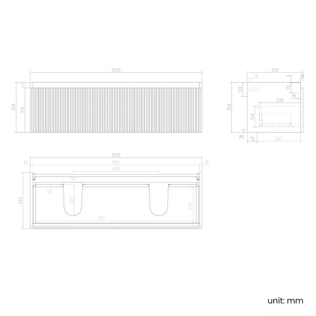 Malta Fluted Matt Black Wall Hung Drawer Vanity with Matt Black Double Basin 1200mm
