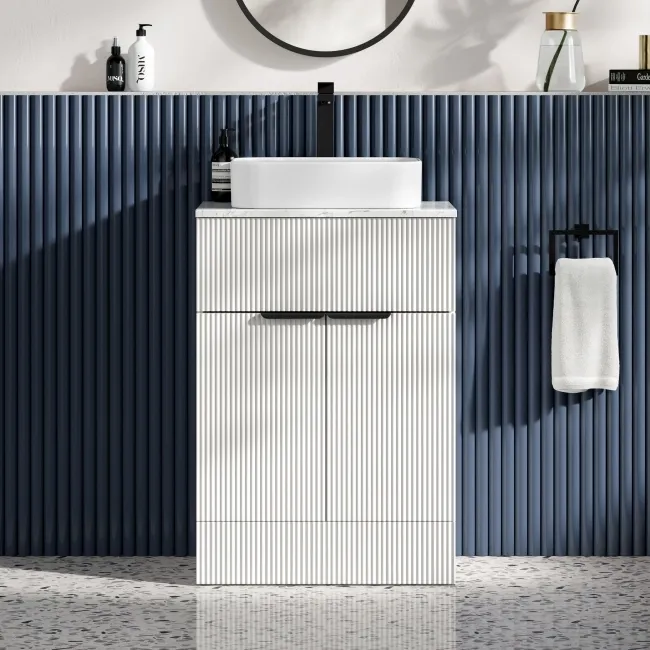 Havana Fluted Coastal White Cabinet with Marble Top & Marin Basin 600mm - Black Accents