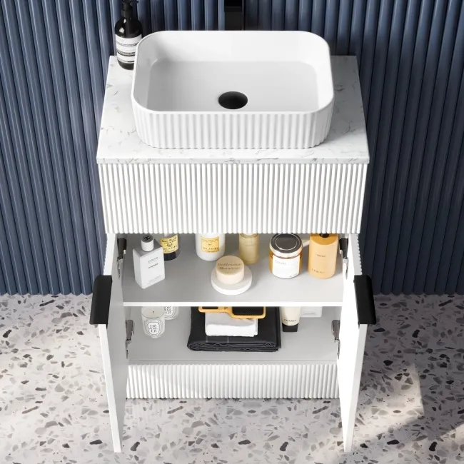 Havana Fluted Coastal White Cabinet with Marble Top & Reno Basin 600mm - Black Accents