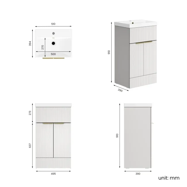 Havana Fluted Coastal White Basin Vanity 500mm - Brushed Brass Accents