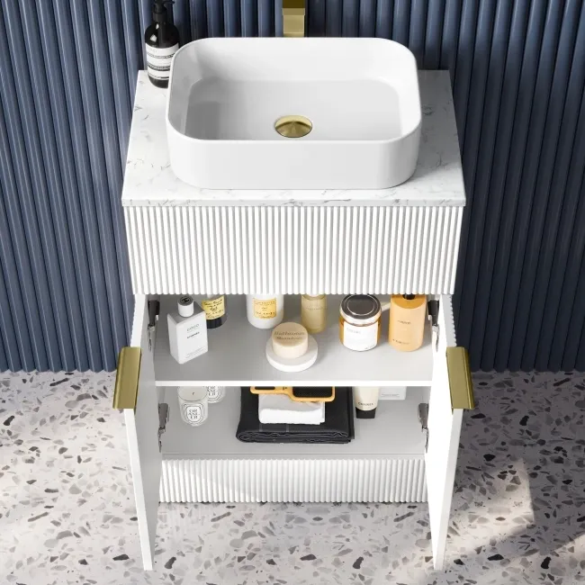 Havana Fluted Coastal White Cabinet with Marble Top & Marin Basin 600mm - Brushed Brass Accents