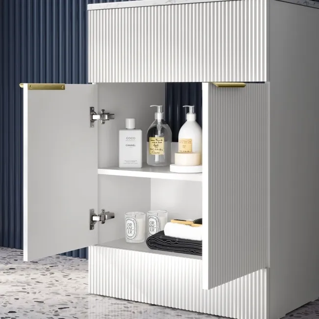 Havana Fluted Coastal White Cabinet with Marble Top & Marin Basin 600mm - Brushed Brass Accents