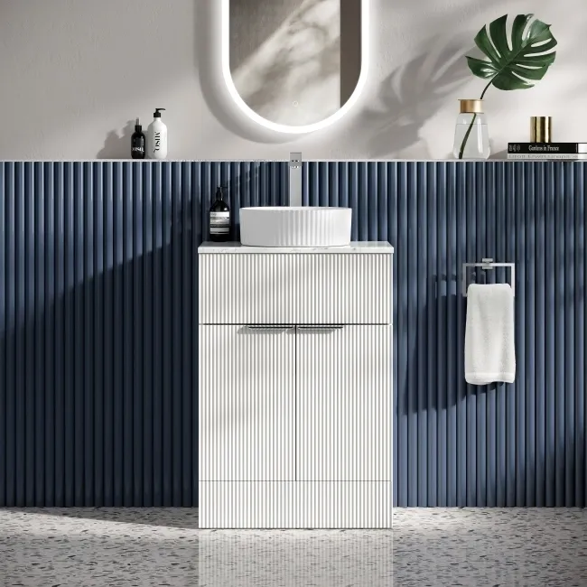 Havana Fluted Coastal White Cabinet with Marble Top & Nevis Basin 600mm - Chrome Handles
