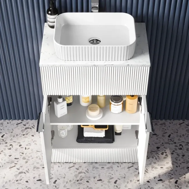 Havana Fluted Coastal White Cabinet with Marble Top & Reno Basin 600mm - Chrome Handles