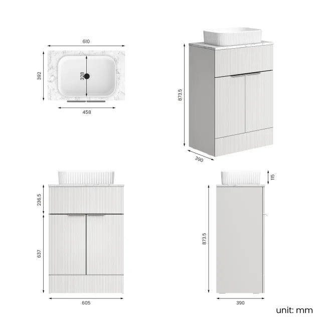 Havana Fluted Coastal White Cabinet with Marble Top & Reno Basin 600mm - Chrome Handles