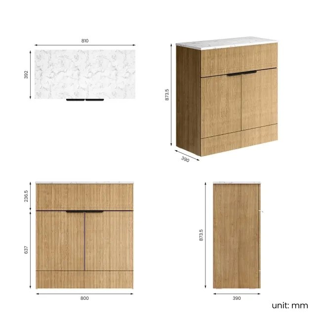 Havana Fluted Country Oak Cabinet with Marble Top 800mm (Excludes Counter Top Basin) - Black Accents