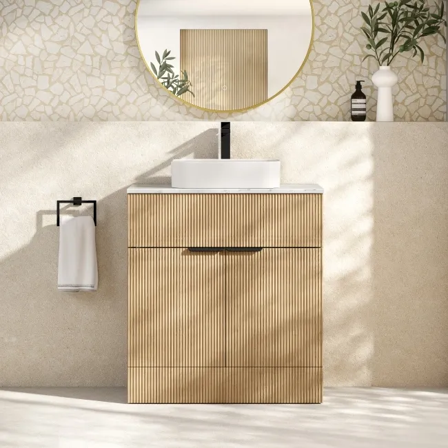 Havana Fluted Country Oak Cabinet with Marble Top & Marin Basin 800mm - Black Accents