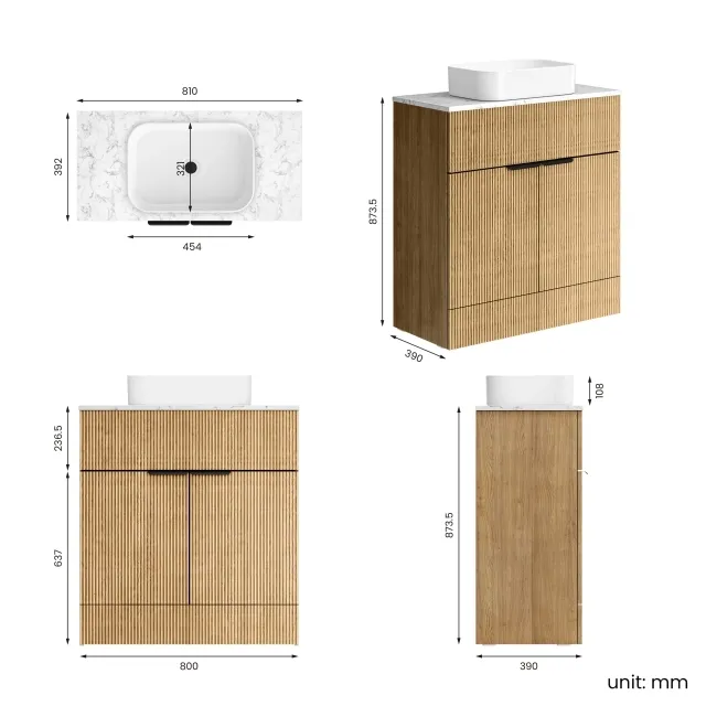 Havana Fluted Country Oak Cabinet with Marble Top & Marin Basin 800mm - Black Accents