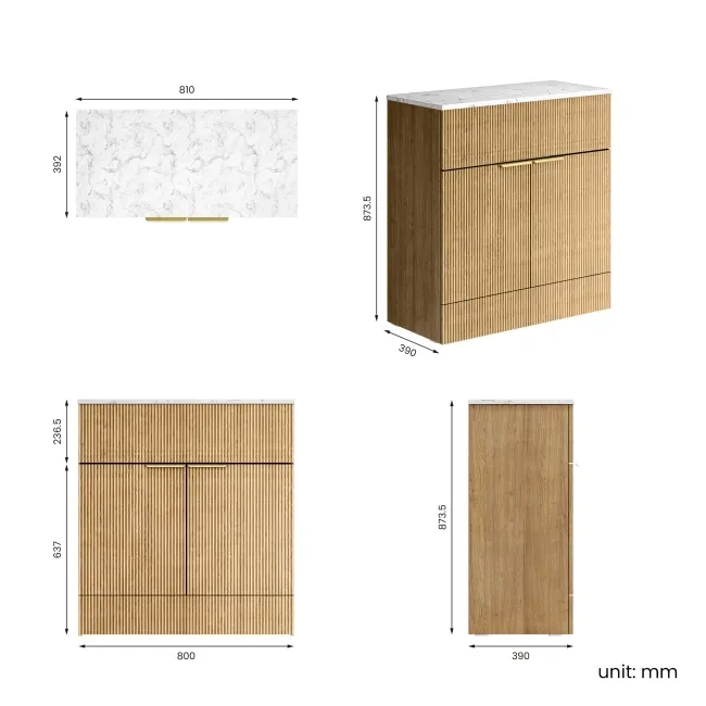 Havana Fluted Country Oak Cabinet with Marble Top 800mm (Excludes Counter Top Basin) - Brushed Brass Accents