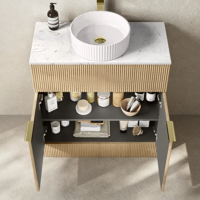 Havana Fluted Country Oak Cabinet with Marble Top & Nevis Basin 800mm - Brushed Brass Accents
