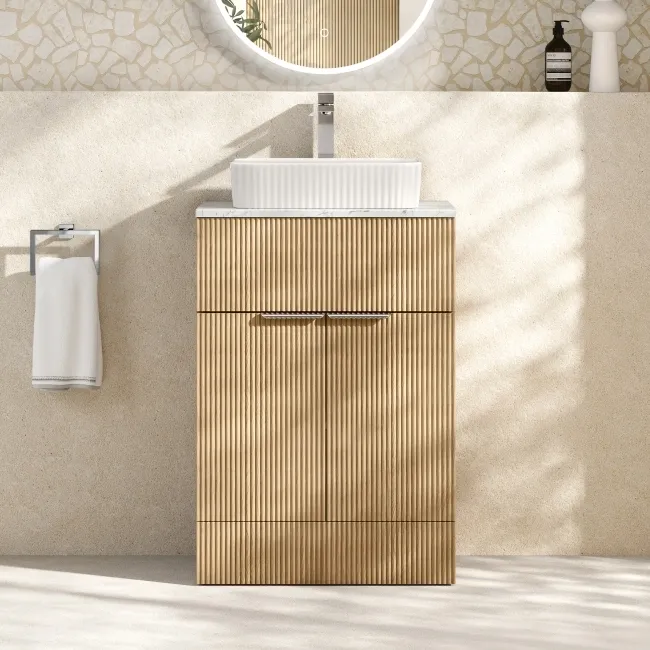 Havana Fluted Country Oak Cabinet with Marble Top & Reno Basin 600mm - Chrome Handles