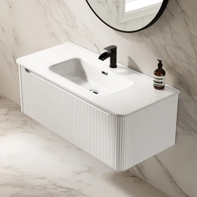 Sorrento Fluted Coastal White Wall Hung Basin Drawer Vanity 1000mm
