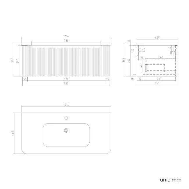 Sorrento Fluted Coastal White Wall Hung Basin Drawer Vanity 1000mm