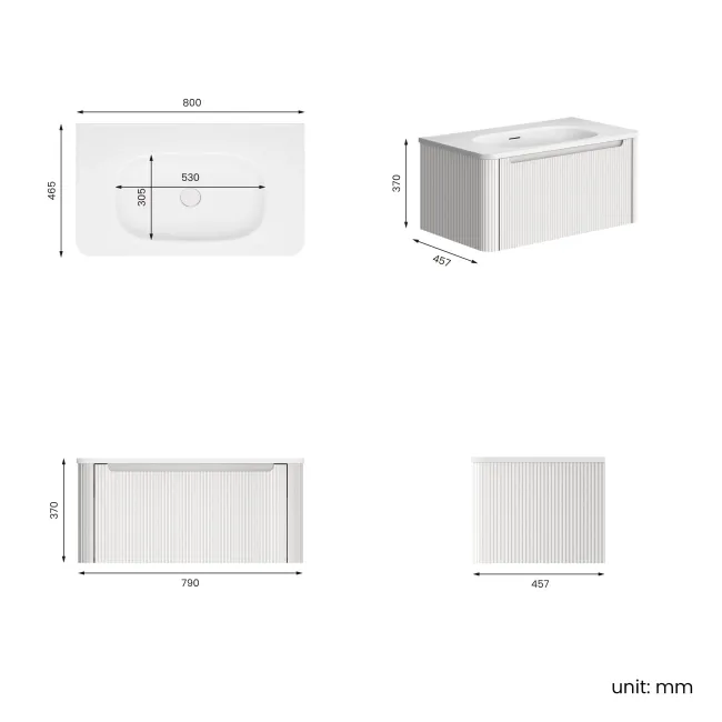 Sorrento Fluted Coastal White Wall Hung Drawer Vanity with Matt White Basin 800mm