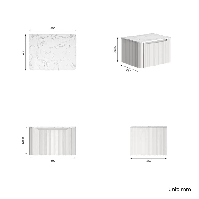 Sorrento Fluted Coastal White Wall Hung Drawer Vanity with Marble Top 600mm - Excludes Counter Top Basin