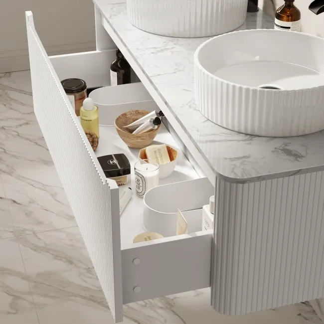 Sorrento Fluted Coastal White Double Wall Hung Drawer Vanity with Marble Top & Nevis Basin 1200mm