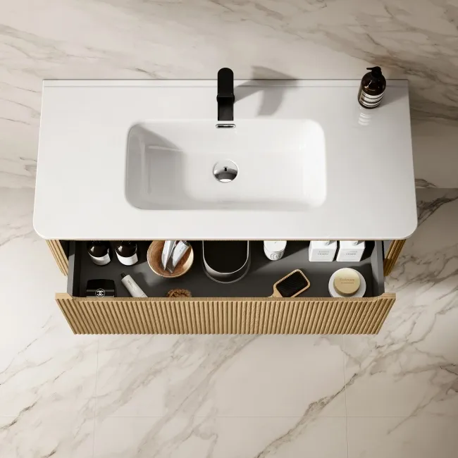 Sorrento Fluted Country Oak Wall Hung Basin Drawer Vanity 1000mm