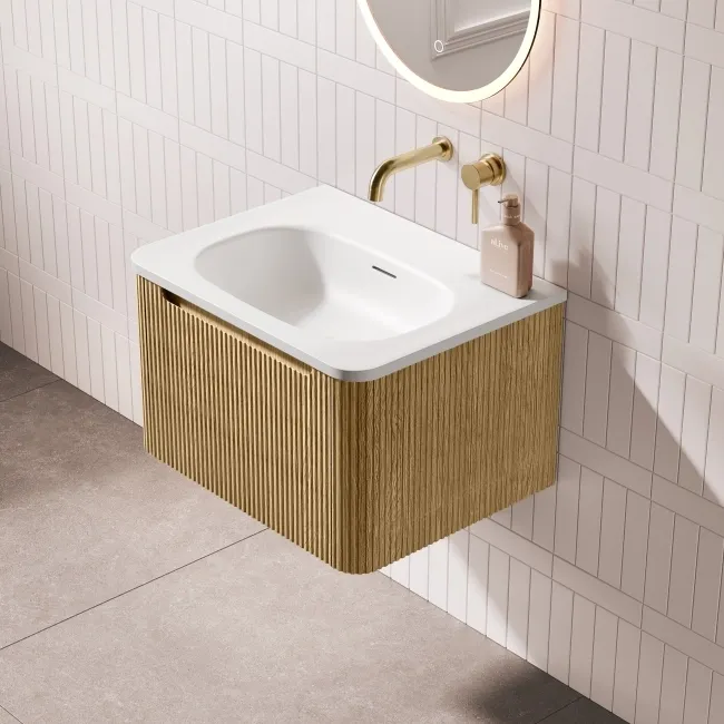 Sorrento Fluted Country Oak Wall Hung Drawer Vanity with Matt White Basin 600mm