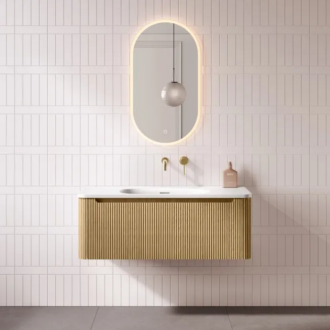 Sorrento Fluted Country Oak Wall Hung Drawer Vanity with Matt White Basin 1000mm