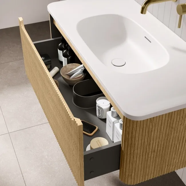 Sorrento Fluted Country Oak Wall Hung Drawer Vanity with Matt White Basin 1000mm