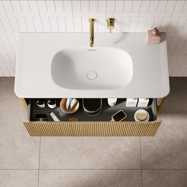 Sorrento Fluted Country Oak Wall Hung Drawer Vanity with Matt White Basin 1000mm