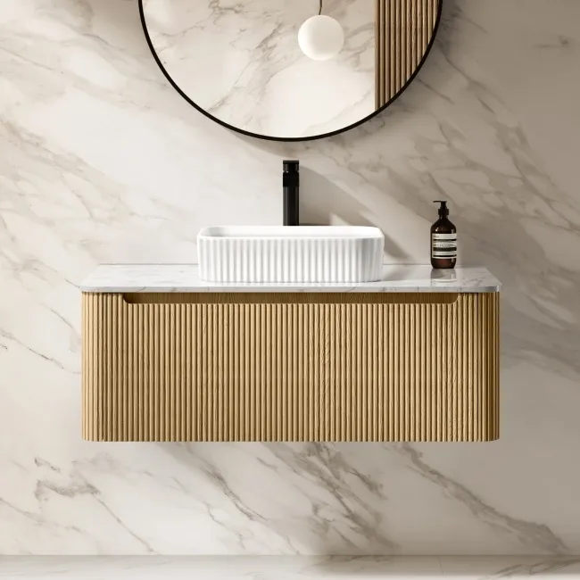 Sorrento Fluted Country Oak Wall Hung Drawer Vanity with Marble Top & Reno Basin 1000mm