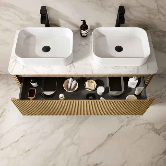 Sorrento Fluted Country Oak Double Wall Hung Drawer Vanity with Marble Top & Marin Basin 1200mm