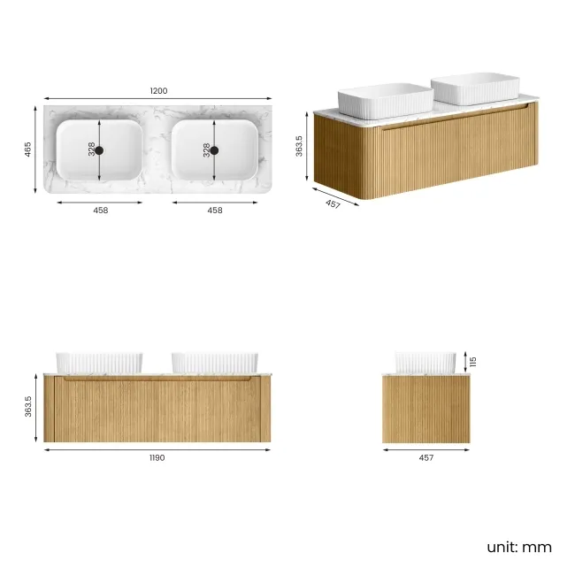 Sorrento Fluted Country Oak Double Wall Hung Drawer Vanity with Marble Top & Reno Basin 1200mm
