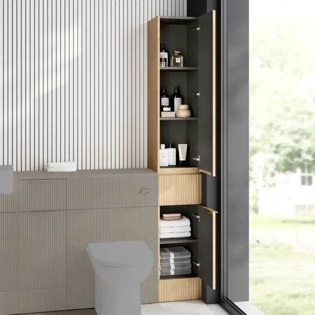 Sicily Fluted Country Oak Floor Standing Tall Cabinet Unit 1900x300mm - Brushed Brass Accents