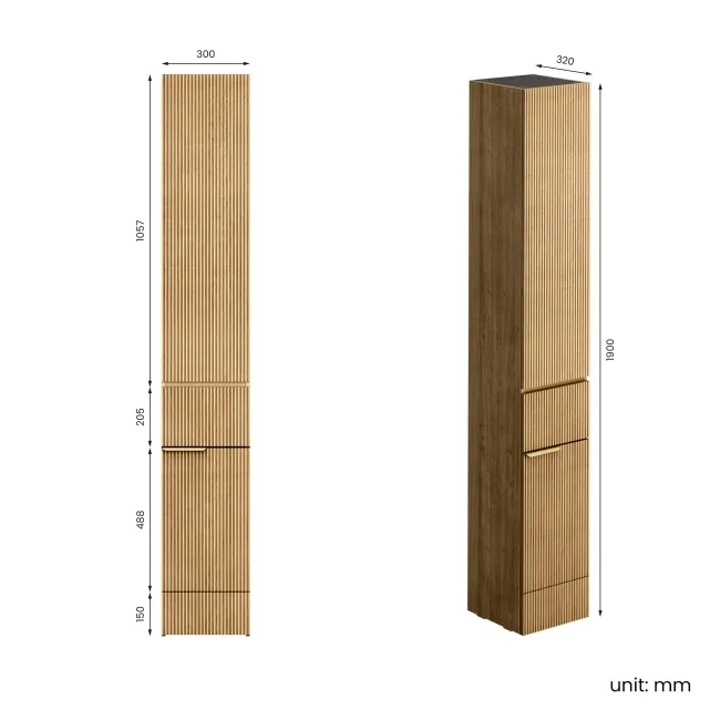 Sicily Fluted Country Oak Floor Standing Tall Cabinet Unit 1900x300mm - Brushed Brass Accents