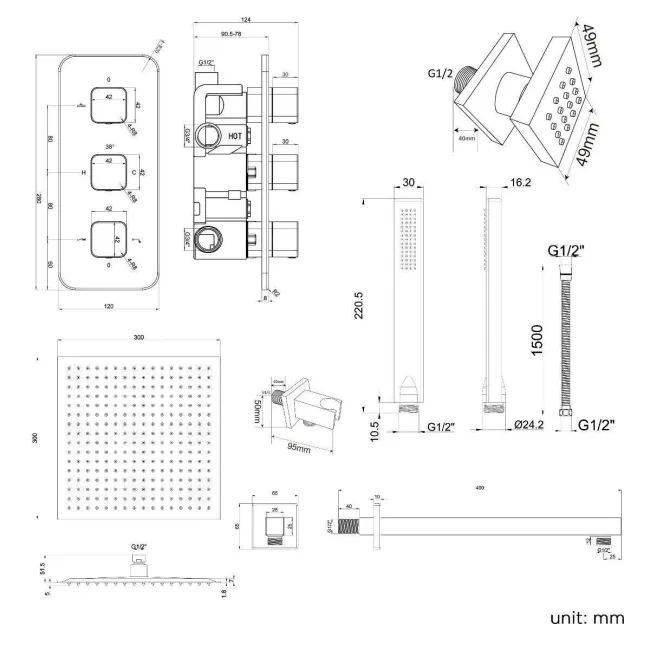 Galway Premium Matt Black Square Thermostatic Set - 300mm Head, Hand Shower & Body Jets