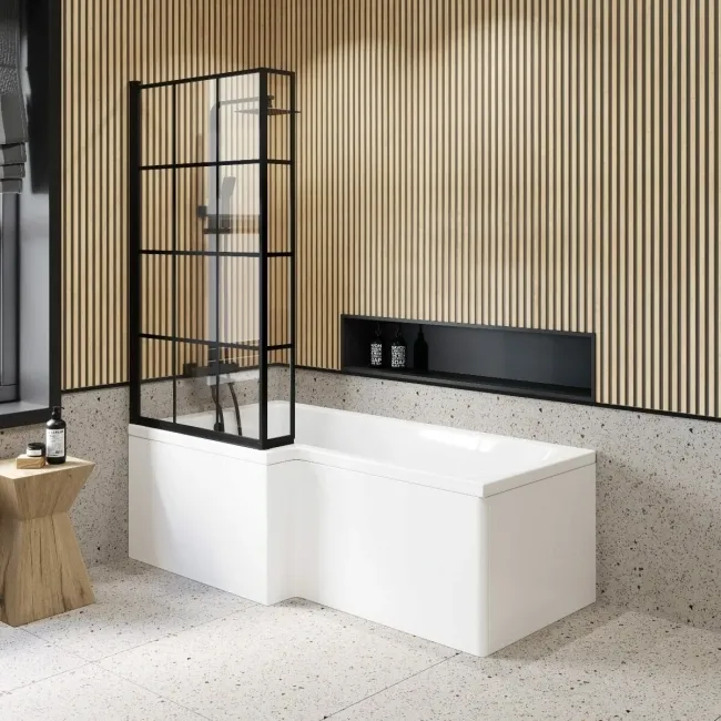 Zurich Easy Clean Matt Black Grid L Shaped Bath Screen - 800mm