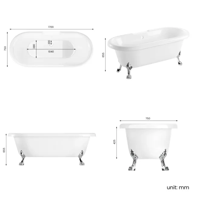 Grosvenor 1700mm Roll Top Bath - Chrome Claw Feet