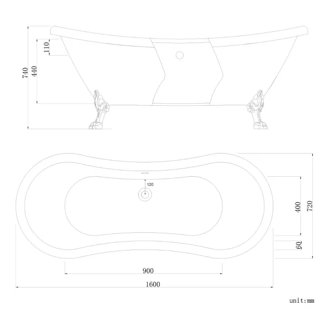 Tonbridge 1600mm Roll Top Bath - White Claw Feet