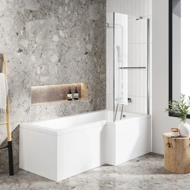 L Shaped 1700 Shower Bath with Front Panel & 4mm Fixed Screen with Rail - Right Handed