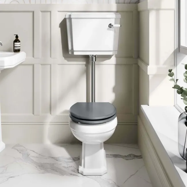 Hudson Traditional Low-Level Toilet With Dove Grey Seat & Pedestal Basin - Single Tap Hole