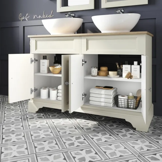 Lucia Chalk White Double Vanity With Oak Effect Top & Oval Counter Top Basin 1200mm