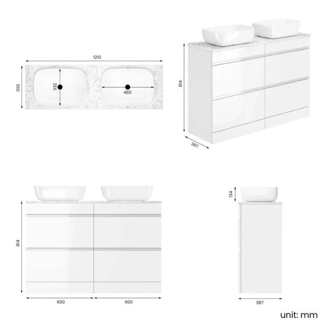 Trent Gloss White Double Vanity Drawer with Marble Top & Curved Counter Top Basin 1200mm