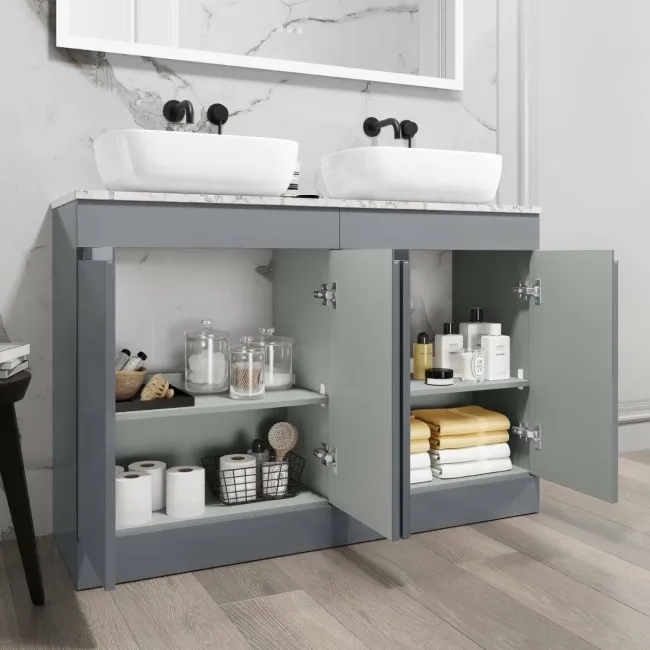 Trent Stone Grey Double Vanity with Marble Top & Curved Counter Top Basin 1200mm