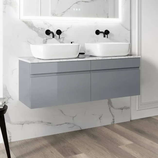 Trent Stone Grey Double Wall Hung Drawer Vanity with Marble Top & Curved Counter Top Basin 1200mm
