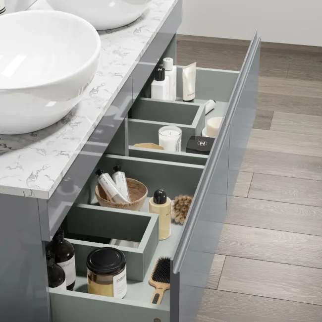 Trent Stone Grey Double Wall Hung Drawer Vanity with Marble Top & Oval Counter Top Basin 1200mm