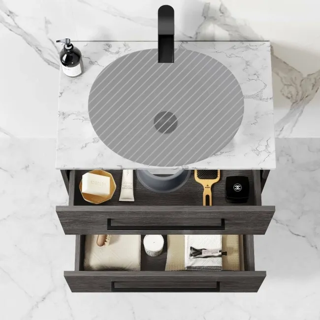 Elba Charcoal Elm Wall Hung Drawer 600mm Excludes Counter Top Basin - Black Accents