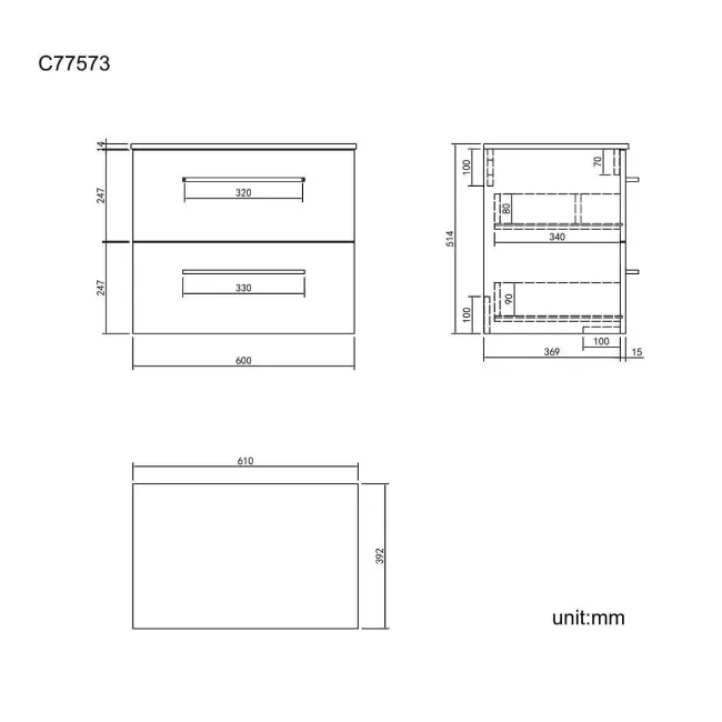 Elba Charcoal Elm Wall Hung Drawer 600mm Excludes Counter Top Basin - Black Accents