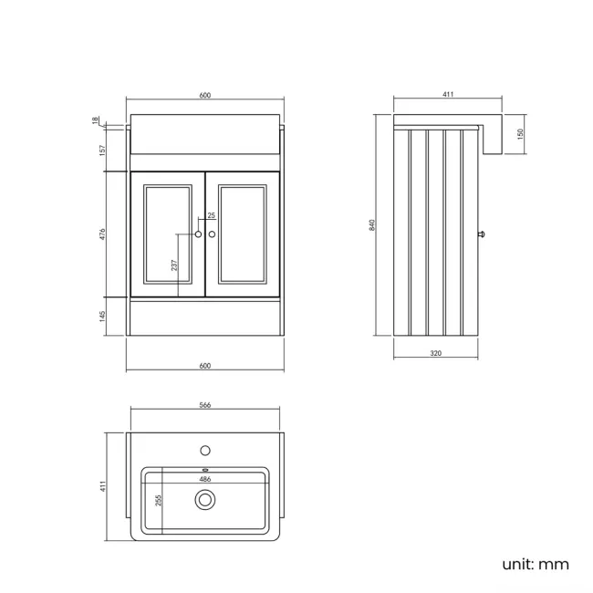 Monaco Graphite Grey Basin Vanity 600mm