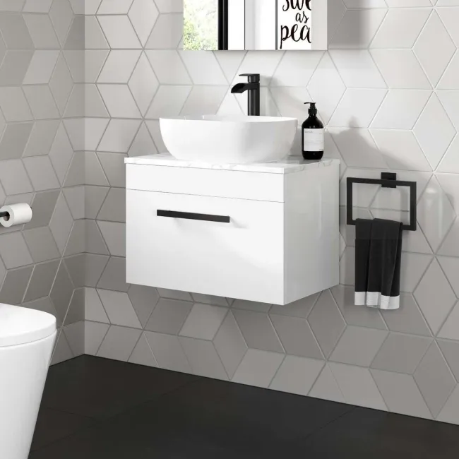 Avon Gloss White Wall Hung Drawer Vanity with Marble Top & Curved Counter Top Basin 600mm - Black Accents