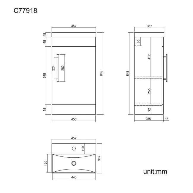 Avon Stone Grey Basin Vanity 450mm - Black Accents