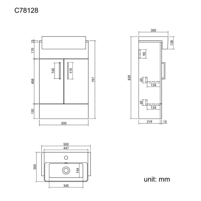 Harper Gloss White Vanity with Semi Recessed Basin 500mm - Black Accents