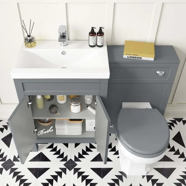 Bermuda Dove Grey Combination Vanity Basin and Hudson Toilet with Wooden Seat 1100mm